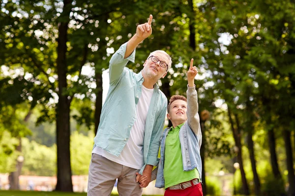 Grandfather and boy pointing up at summer park — Stock Photo, Image