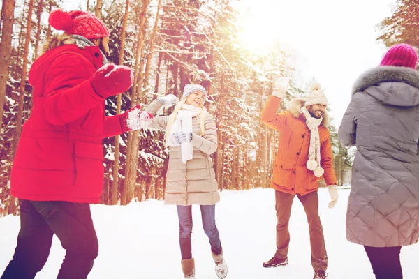 Amigos felices jugando bola de nieve en el bosque de invierno —  Fotos de Stock