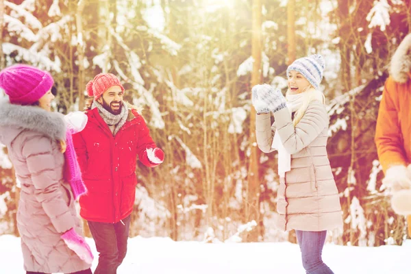 Amigos felices jugando bola de nieve en el bosque de invierno —  Fotos de Stock