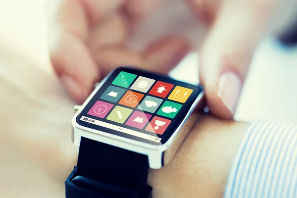 Close up of hands setting smart watch application — Stock Photo, Image