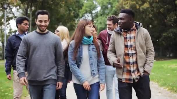 Gelukkige vrienden wandelen langs het herfstpark — Stockvideo