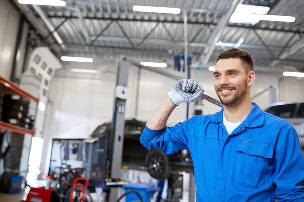 Auto mechanic or smith with wrench at car workshop Stock Image