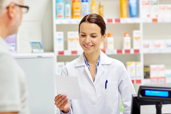Pharmacist reading prescription and senior man — Φωτογραφία Αρχείου