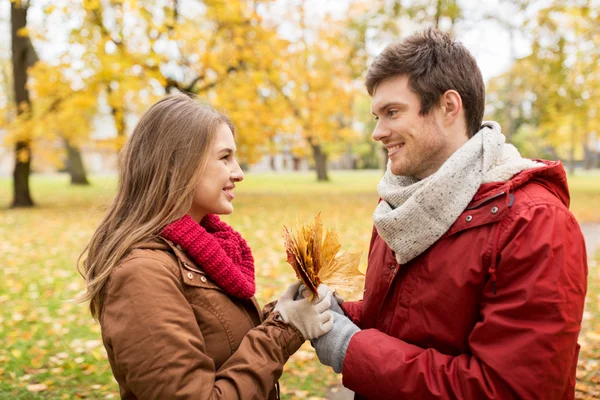 Pareja feliz con hojas de arce en el parque de otoño —  Fotos de Stock