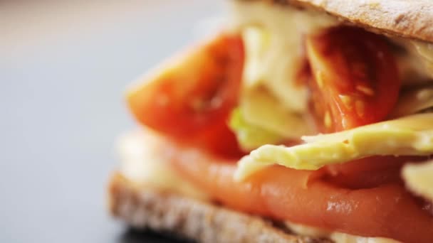 Lazac panini szendvics étteremben — Stock videók