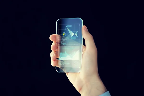 Gros plan de la main masculine avec smartphone transparent — Photo