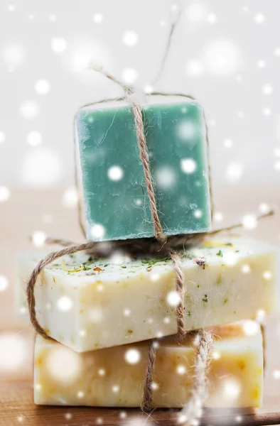 Close up of handmade soap bars on wood — Stock Photo, Image