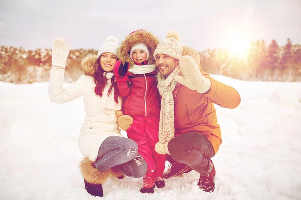 Família feliz acenando as mãos ao ar livre no inverno — Fotografia de Stock