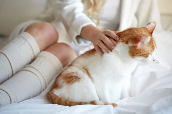 Szczęśliwa młoda kobieta z kotem w łóżku w domu — Zdjęcie stockowe