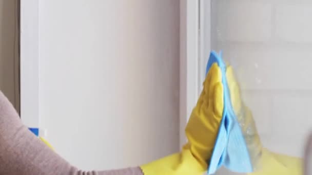 Frau in Handschuhen putzt Fenster mit Lappen — Stockvideo
