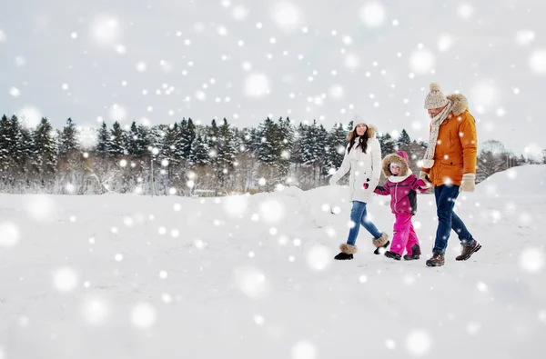 Счастливая семья в зимней одежде прогулки на открытом воздухе — стоковое фото