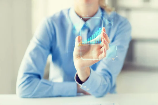 Primer plano de la mujer con teléfono inteligente transparente —  Fotos de Stock