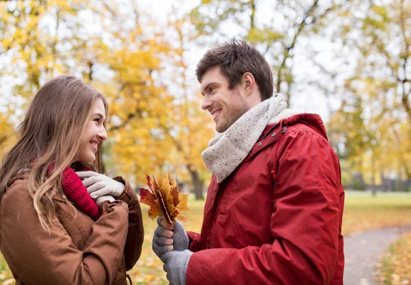 Heureux couple avec des feuilles d'érable dans le parc d'automne Images De Stock Libres De Droits