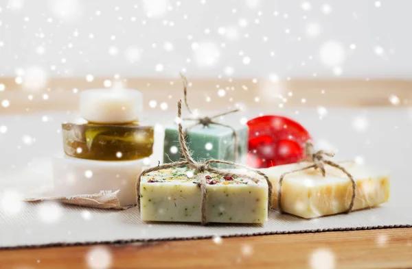 Handmade soap bars on wood — Stock Photo, Image