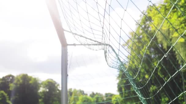 Pelota volando en la red de gol de fútbol en el campo — Vídeos de Stock