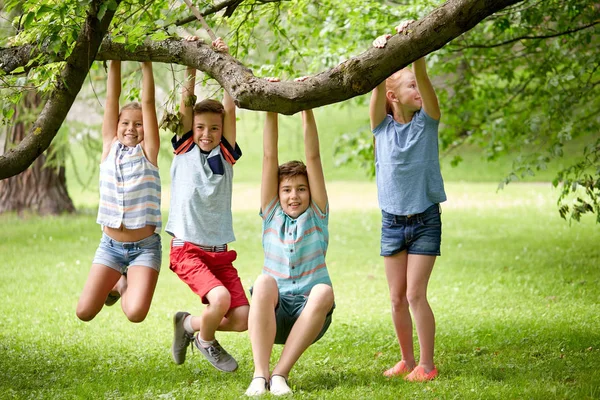 행복 한 아이 여름 공원에서 나무에 매달려 — 스톡 사진