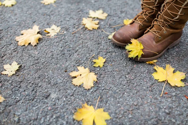 Pés femininos em botas e folhas de outono — Fotografia de Stock