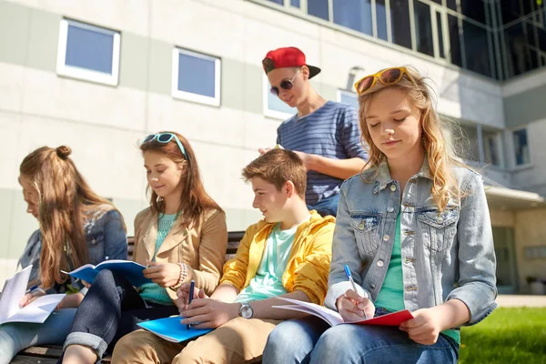 Grupo de estudiantes con cuadernos en el patio de la escuela — Foto de Stock