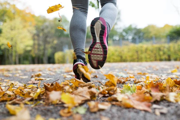 Primer plano de la joven corriendo en el parque de otoño —  Fotos de Stock