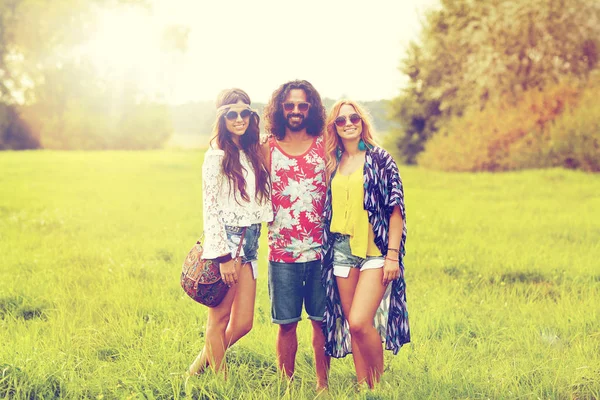 Sonriendo jóvenes amigos hippies en el campo verde —  Fotos de Stock