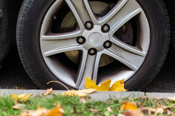 Primer plano de la rueda del coche y las hojas de otoño — Foto de Stock