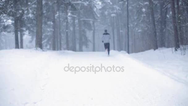 Man loopt op besneeuwde winterweg in bos — Stockvideo