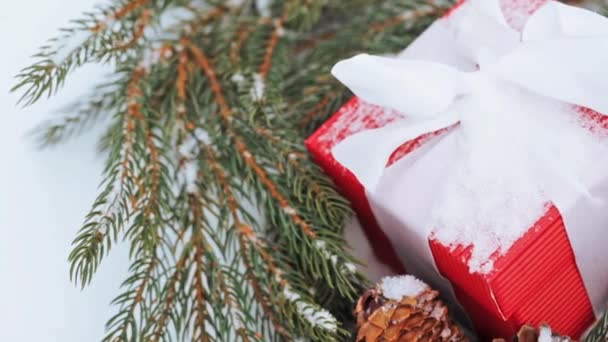 Geschenkbox und Tannenkranz mit Zapfen auf Schnee — Stockvideo