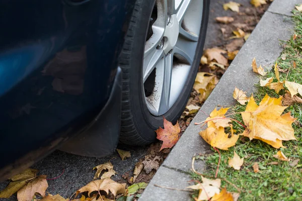 Крупним планом автомобільне колесо і осіннє листя — стокове фото