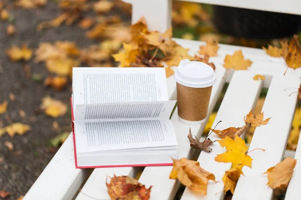 Otwórz książkę i filiżankę kawy na ławce w parku jesień — Zdjęcie stockowe