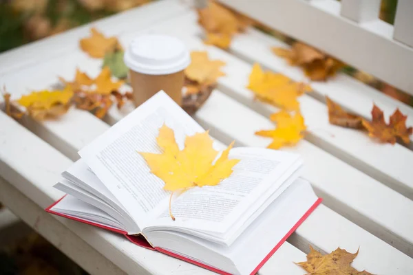 Libro abierto y taza de café en el banco en el parque de otoño — Foto de Stock