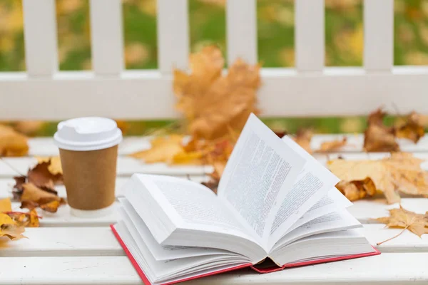 Livro aberto e xícara de café no banco no parque de outono — Fotografia de Stock