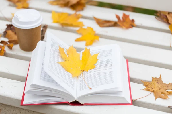 Libro abierto y taza de café en el banco en el parque de otoño — Foto de Stock