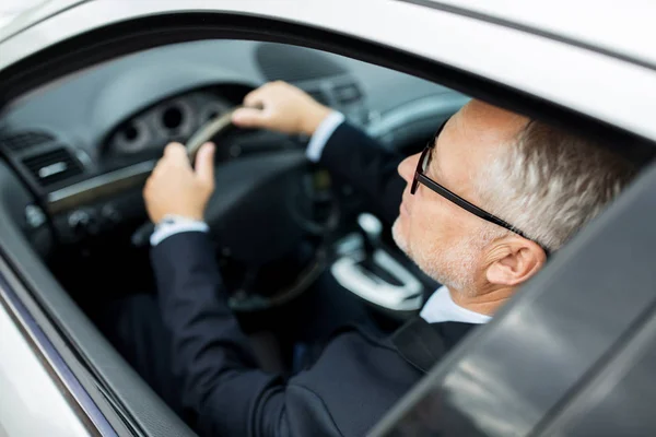 Feliz hombre de negocios senior coche de conducción — Foto de Stock