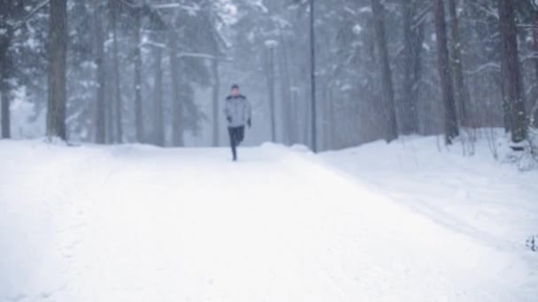 Человек бежит по заснеженной зимней дороге в лесу — стоковое видео