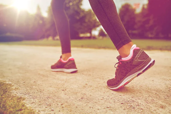 Close up van vrouw voeten loopt op weg van rug — Stockfoto