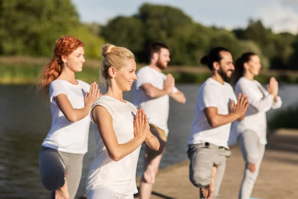 People making yoga in tree pose on mat outdoors — Stock Photo, Image