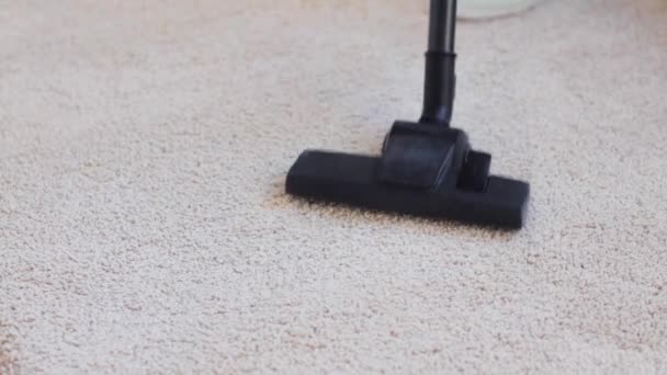 Woman with vacuum cleaner cleaning carpet at home — Stock Video