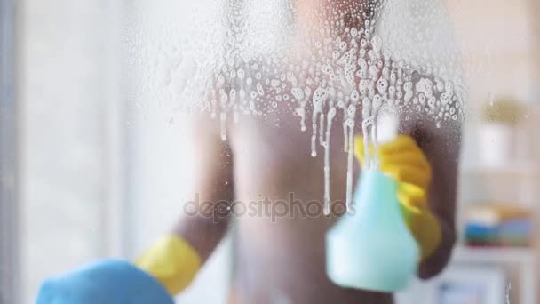 Kobieta w rękawice okno z szmata i spray do czyszczenia — Wideo stockowe