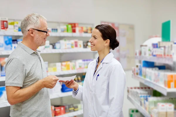 Hombre mayor que da prescripción al farmacéutico — Foto de Stock