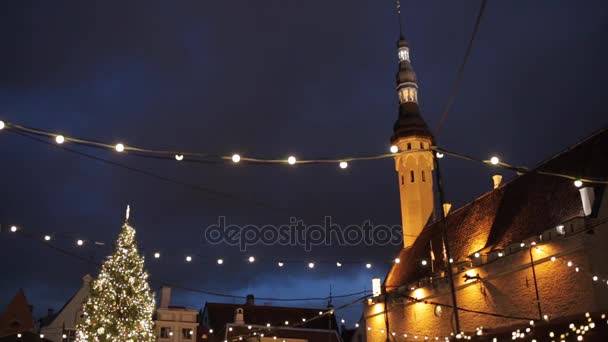 Weihnachtsbaum auf dem alten Tallinner Rathausvorplatz — Stockvideo