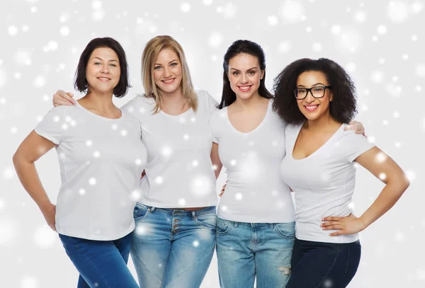 Group of happy different women in white t-shirts — Stock Photo, Image