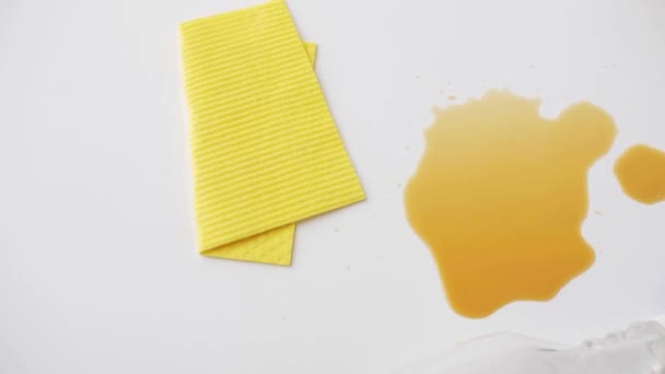 Lap, wasmiddel spray en gemorste vlek schoonmaken — Stockvideo