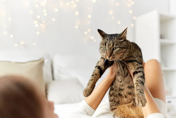 Jovem mulher com gato deitado na cama em casa — Fotografia de Stock