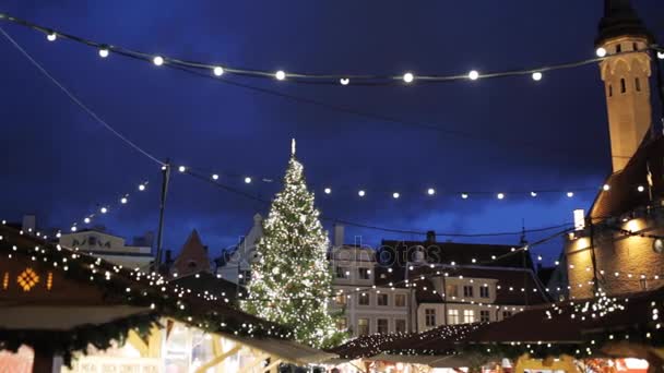 在旧的塔林市政厅广场的圣诞树 — 图库视频影像