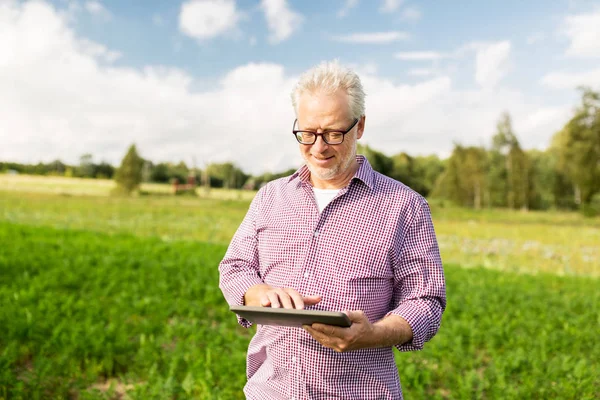 Seniorin mit Tablet-PC im Landkreis — Stockfoto