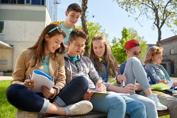 Skupina studentů s notebookem na školním dvoře — Stock fotografie