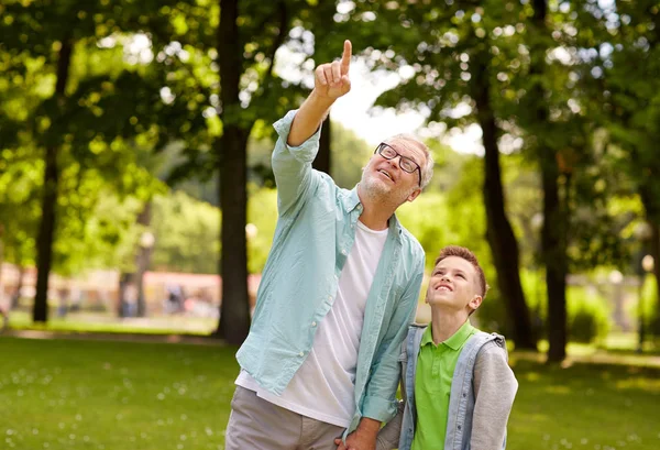 Grootvader en de jongen omhoog in zomer park — Stockfoto