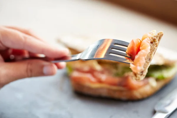 女人在餐厅吃三文鱼的帕尼尼三明治 — 图库照片
