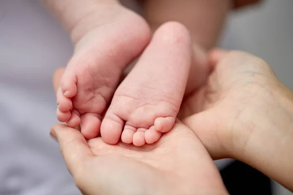 Primo piano dei piedi del neonato nelle mani della madre — Foto Stock