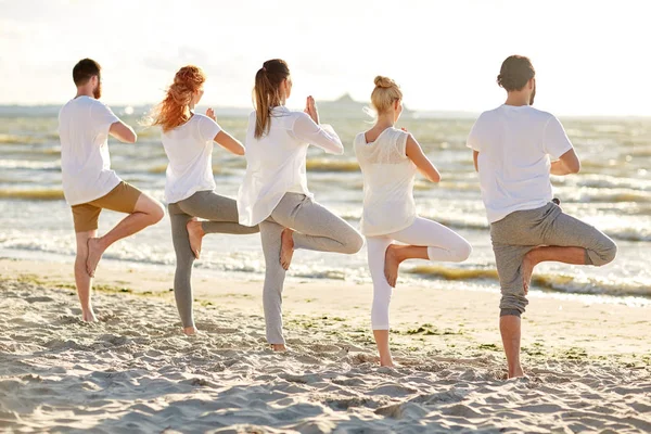 Gruppe von Leuten, die Yoga in Baumpose am Strand machen — Stockfoto